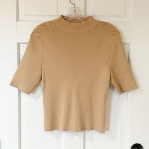 Bailey 44 Mock Neck Ribbed Sweater Sz L Tan Short Sleeve Stretch